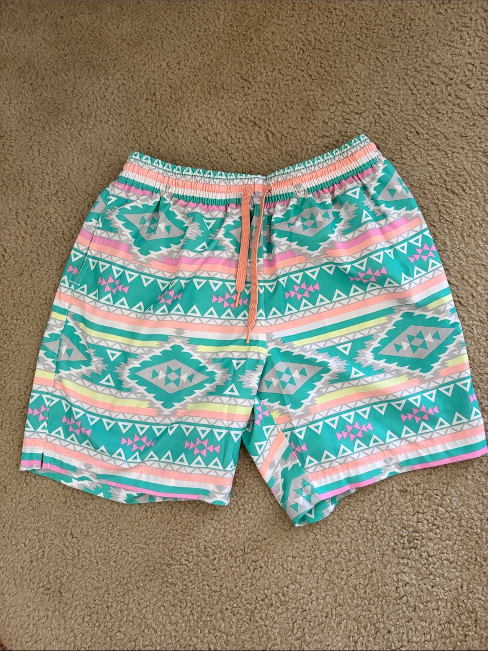 chubbies Teal Aztec-Print Swim Trunks with Pink & Yellow Accents